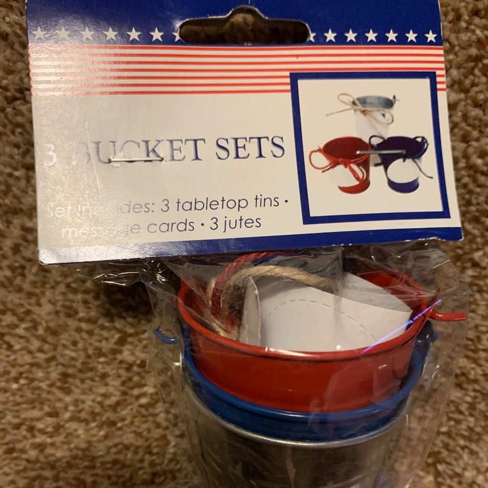 3 Small red/blue/silver metal favor buckets